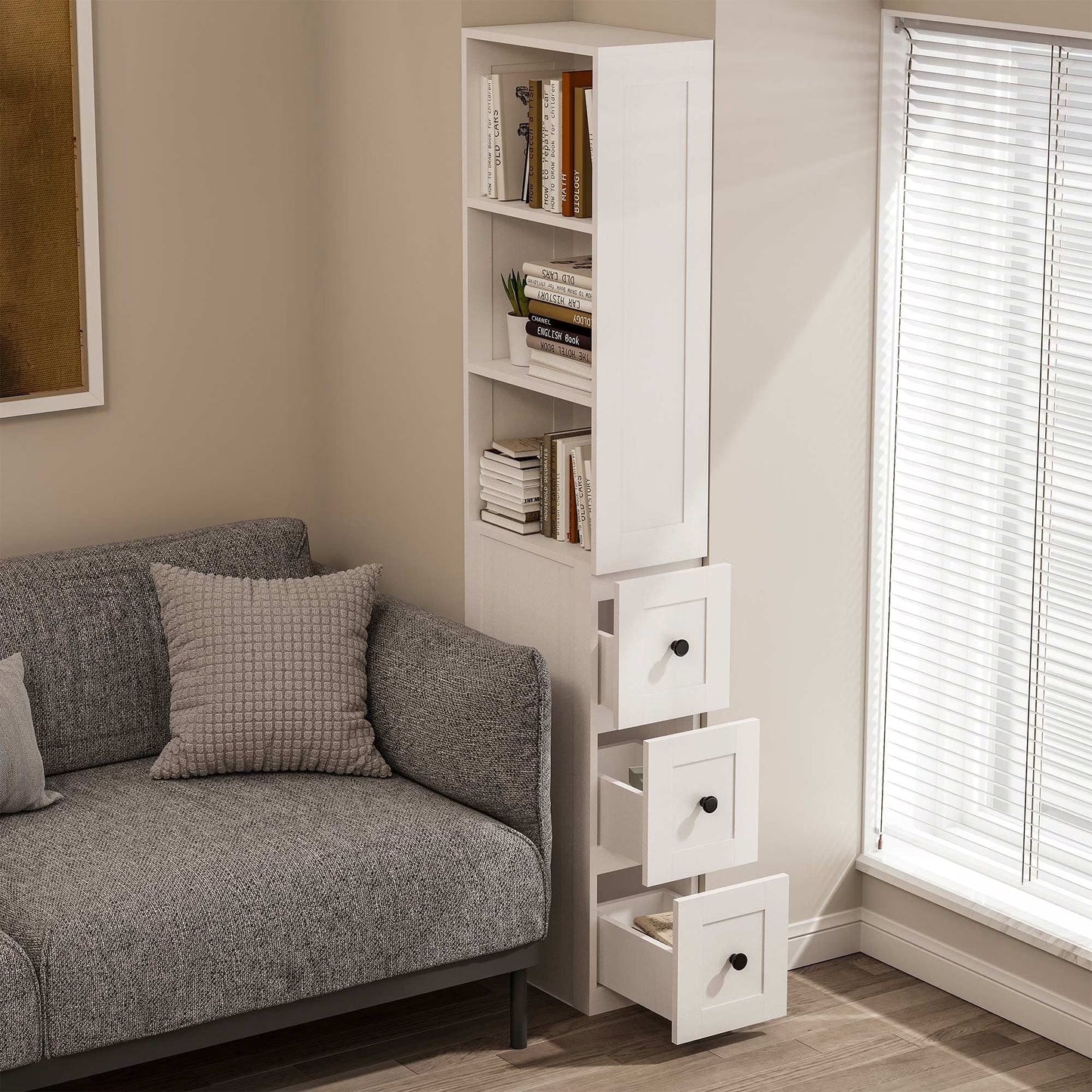 LAUSAINT HOME Bathroom Storage Cabinet, Tall Thin White Storage with 2 Adjustable Shelves & 3-level Drawers for Home, Kitchen