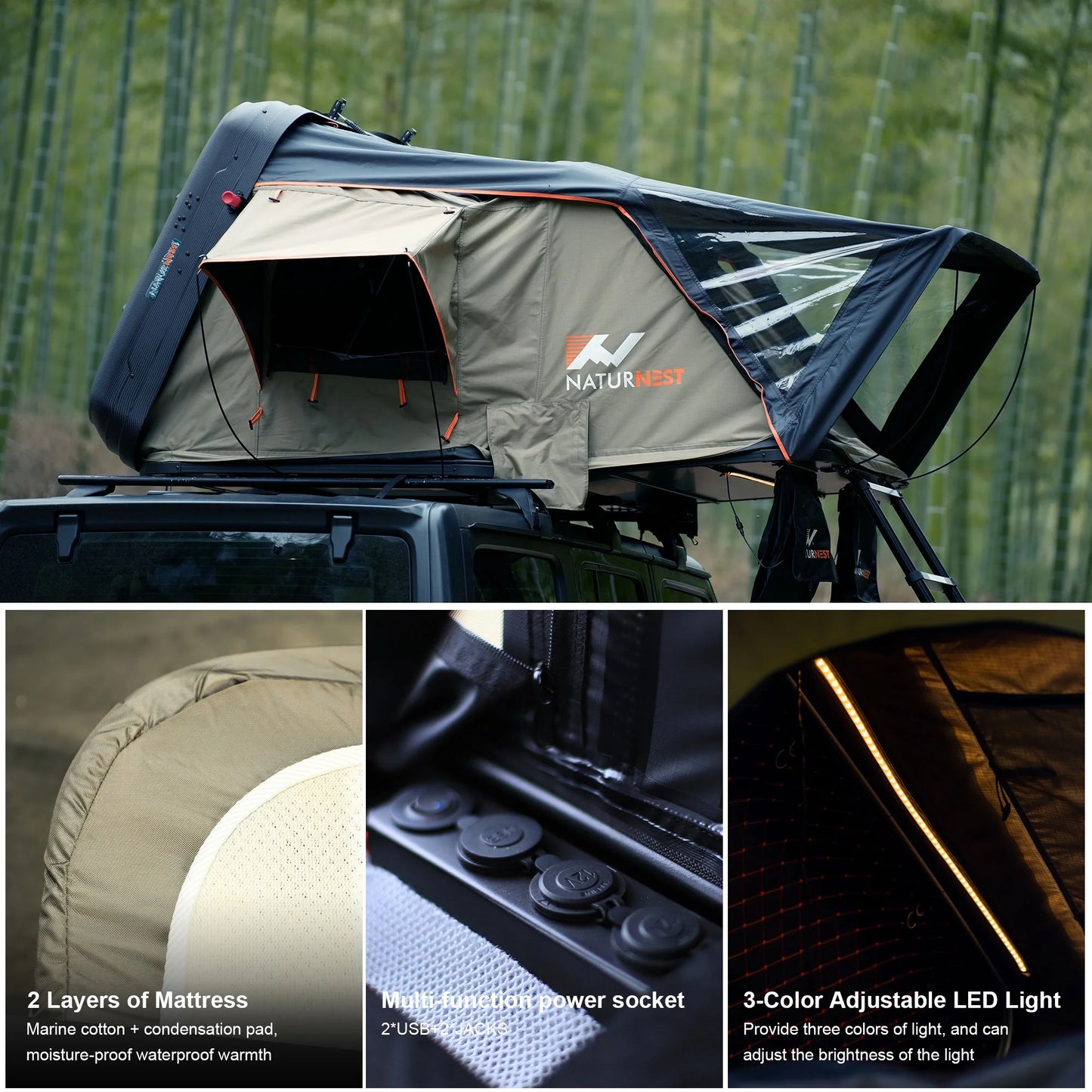 Naturnest Premium Weatherproof 2-3 Person Rooftop Tent with Adjustable Dual Lighting, Memory Foam Bedding, Spacious Interior, and Exceptional Delivery