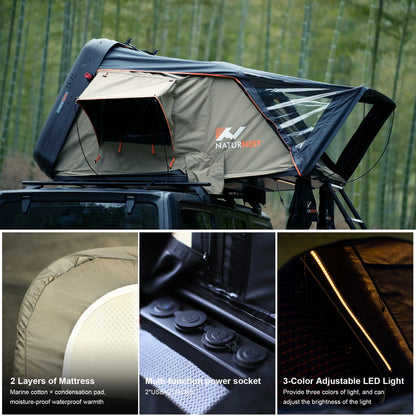 Naturnest Premium Weatherproof 2-3 Person Rooftop Tent with Adjustable Dual Lighting, Memory Foam Bedding, Spacious Interior, and Exceptional Delivery