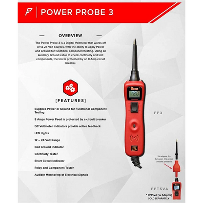 Power Probe PP3 Clam Shell, 12-24V, Red Circuit Tester, Portable Diagnostic Tool