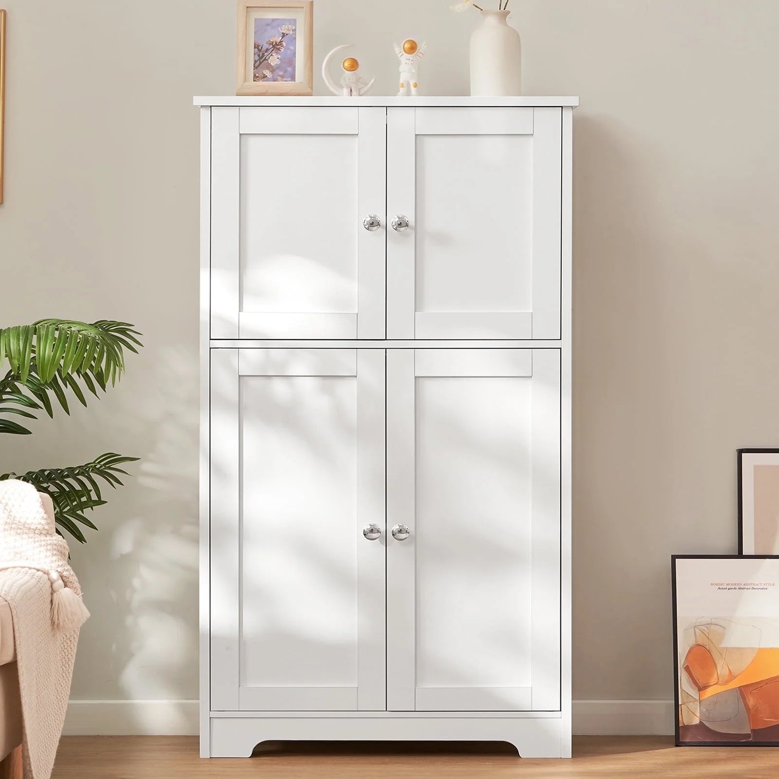 Bathroom Floor Storage Cabinet, Freestanding Bathroom Storage Unit with 2 Adjustable Shelves & 4 Doors, 11.8 x 23.6 x 42.7 Inches, White
