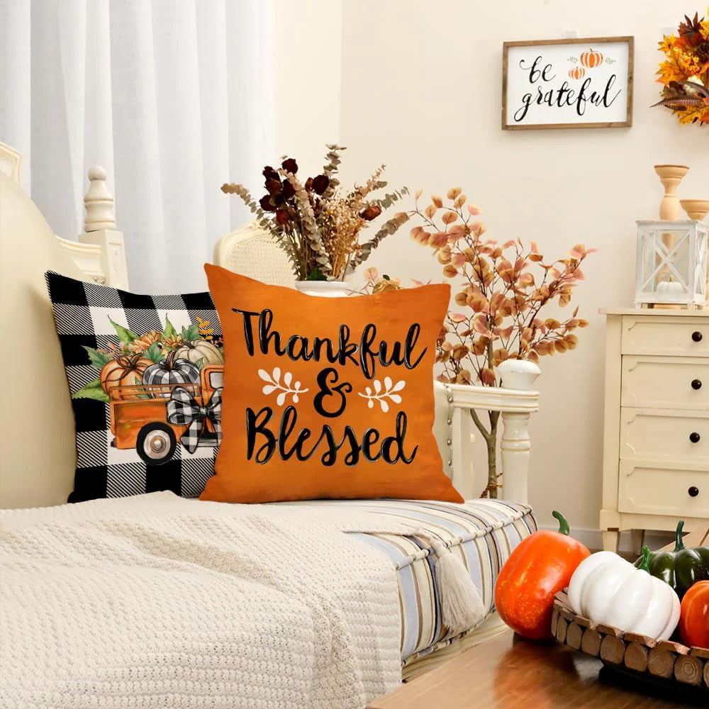 LONGRV Fall Decorative Throw Pillow Covers 18 x 18 Inch Set of 4, Pumpkins Thankful Blessed Buffalo Plaid Fall Decor Outdoor Farmhouse Pillow Cases for Home Couch (Orange Color)