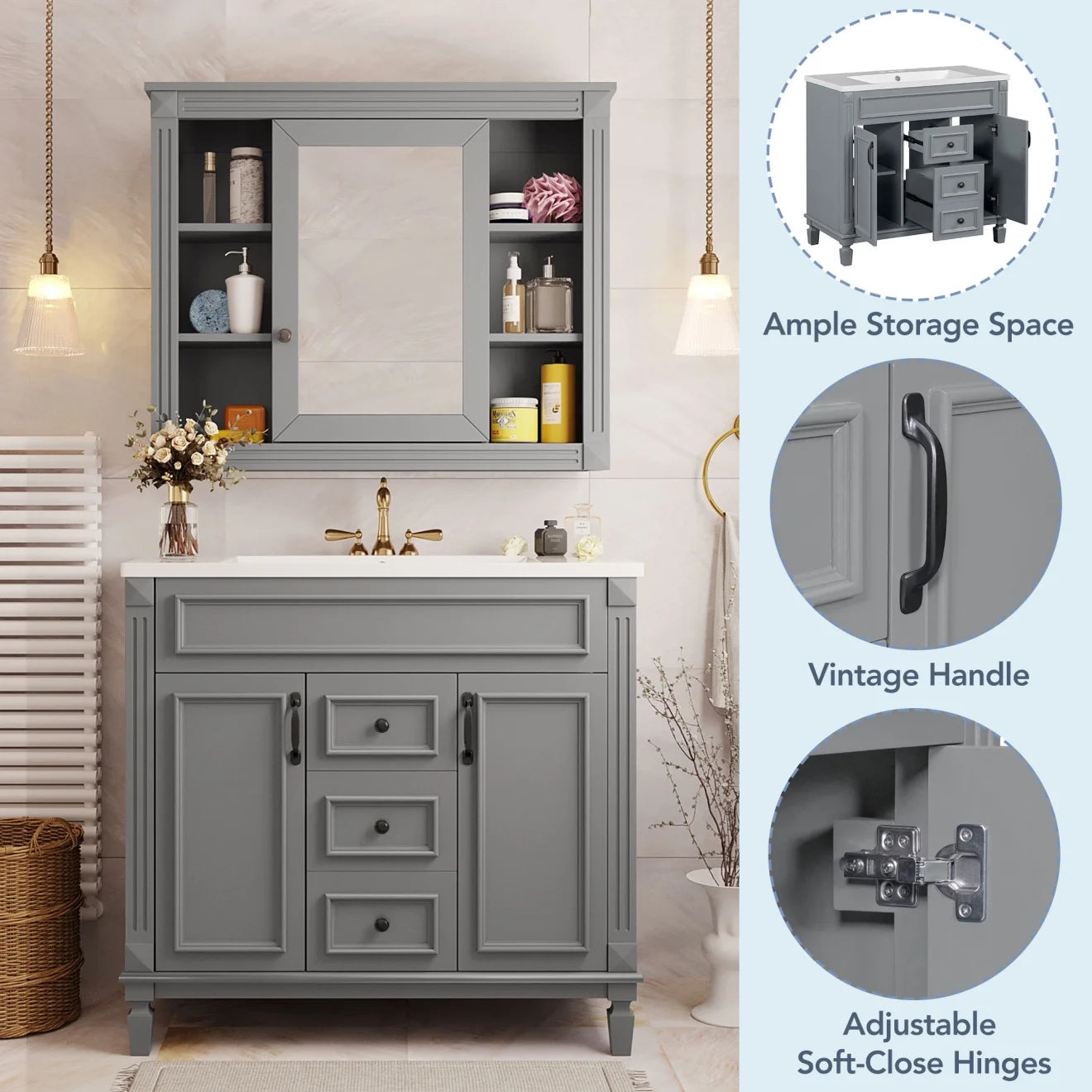 Modern Bathroom Cabinet Set with Top Sink, Bathroom Vanity with Wall Mounted Bathroom Storage Cabinet, 2 Soft Closing Doors, 2 Drawers, Water-Resistant Paint, Grey