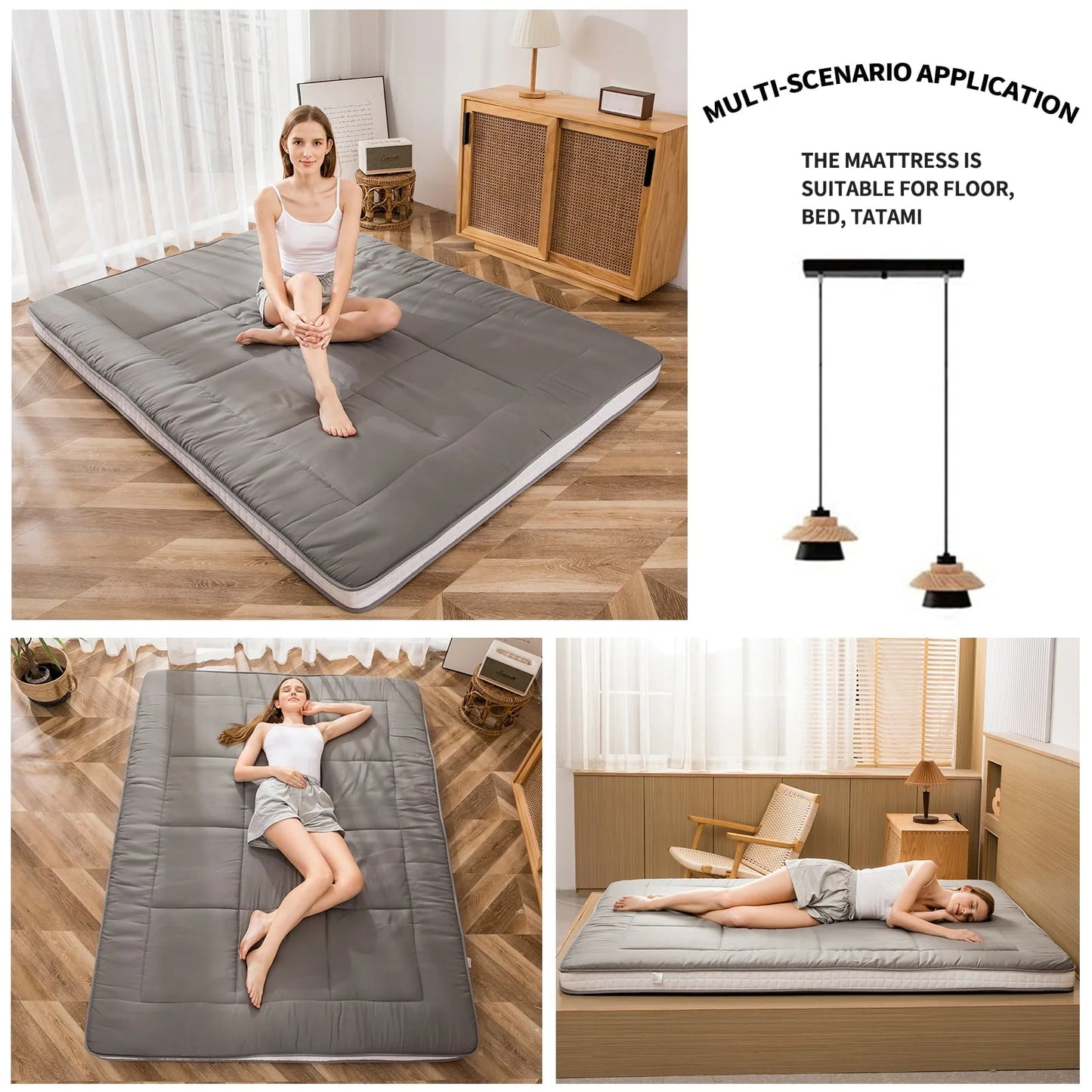 Mattress, Padded Japanese Floor Mattress Quilted Bed Mattress Topper, Extra Thick Folding Sleeping Pad, Dark Grey, Queen
