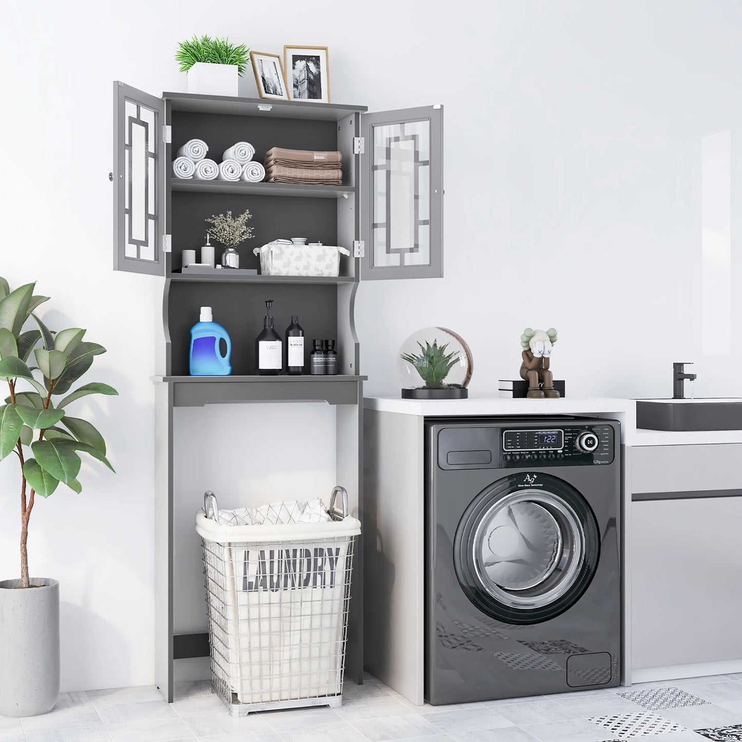Gymax Grey Bathroom Over The Toilet Space Saver Storage Cabinet Organizer Shelf