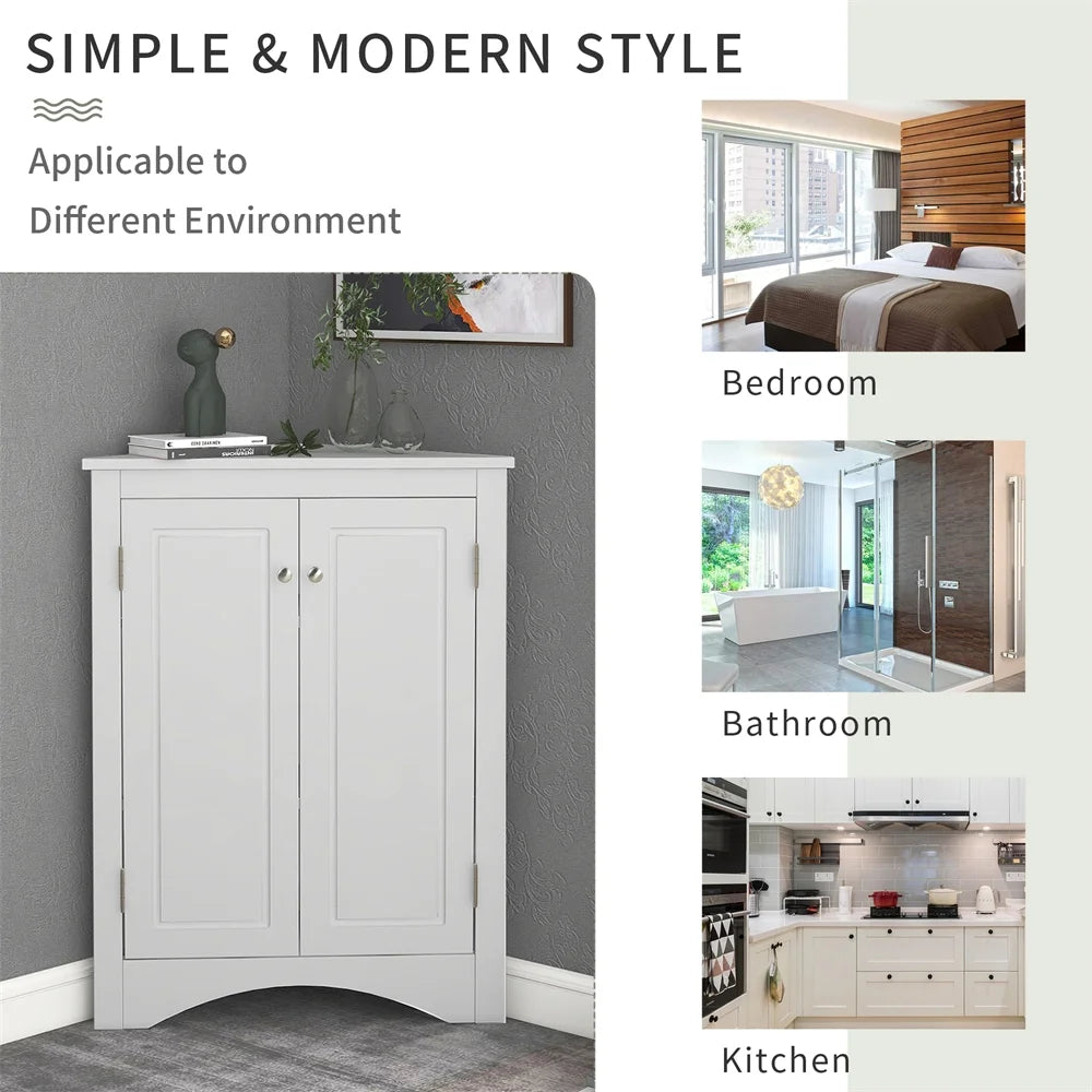 Home Floor Corner Cabinet with Adjustable Shelves and Two Doors, Triangle Bathroom Storage Cabinet, Modern Style Freestanding Floor Cabinet for Kitchen, Living Room and Hall, Oak