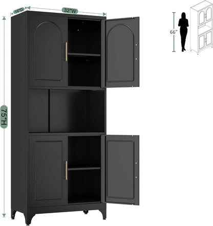 75" Metal Kitchen Pantry Storage Cabinet,Kitchen Hutch Food Pantry Cabinet with Microwave Stand,Freestanding Larder Cupboard with Doors and Adjustable Shelves for Bathroom, Living Room