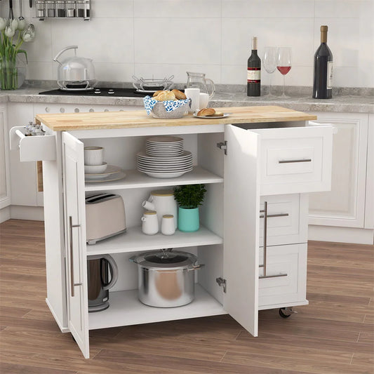 Upgraded Kitchen Island Cart with Drop-Leaf Tabletop and Locking Wheels, 43.7" Kitchen Trolley Cart with 2 Door Cabinet & 3 Storage Drawers & Spice Rack & Towel Rack, Rolling Kitchen Island Cart White