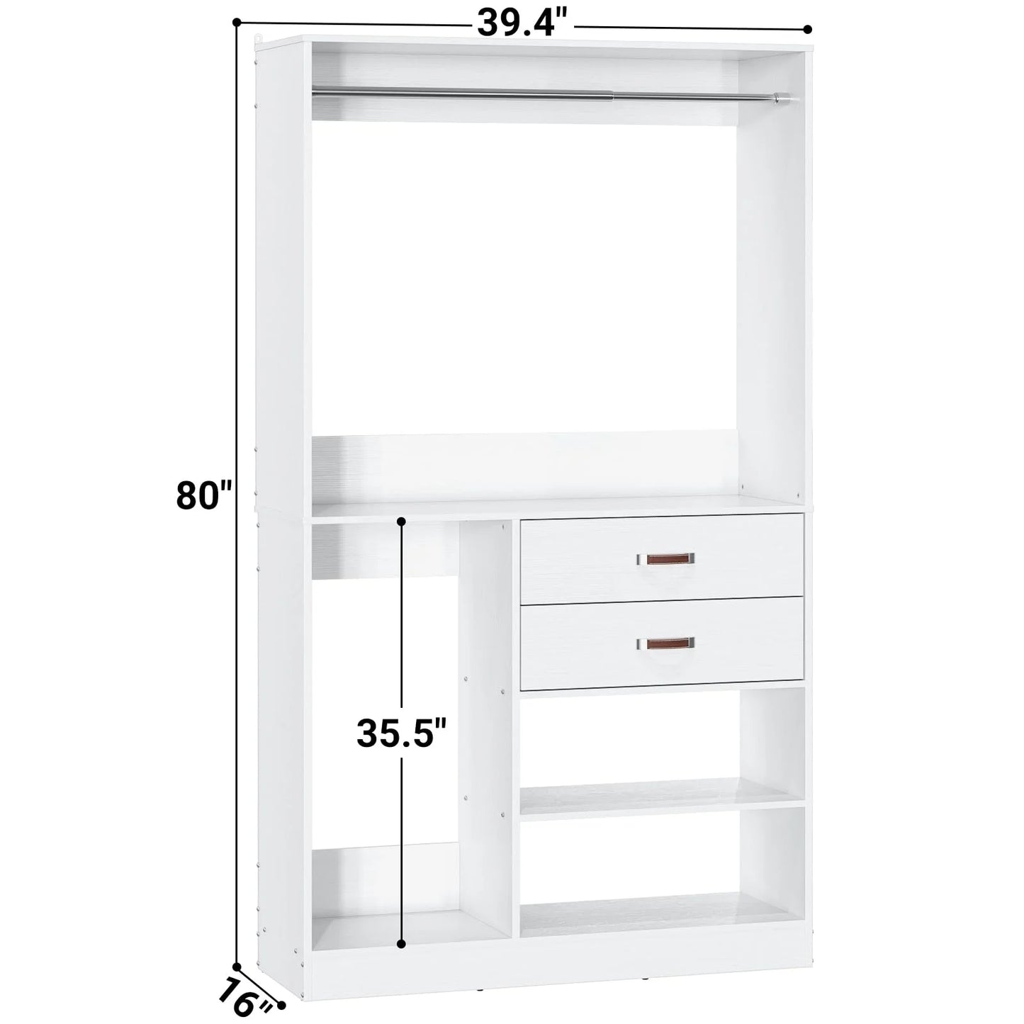 Homieasy Freestanding Closet System with Suitcase Storage, 40 Inches Stand-alone Wardrobe with 2 Wood Drawers, 80'' Height Adjustable Cloth Garment Rack, Walk-in Closet with Hanging Rod, White