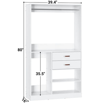 Homieasy Freestanding Closet System with Suitcase Storage, 40 Inches Stand-alone Wardrobe with 2 Wood Drawers, 80'' Height Adjustable Cloth Garment Rack, Walk-in Closet with Hanging Rod, White