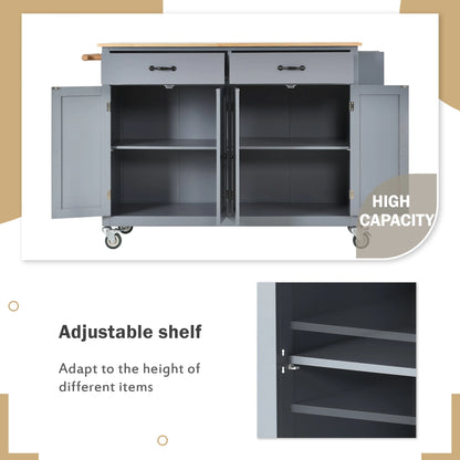 Harper & Bright Designs Rolling Kitchen Island Cart with Solid Wood Top and Locking Wheels, 4 Door, Storage Cabinet and Two DrawersSpice Towel Rack, Blue