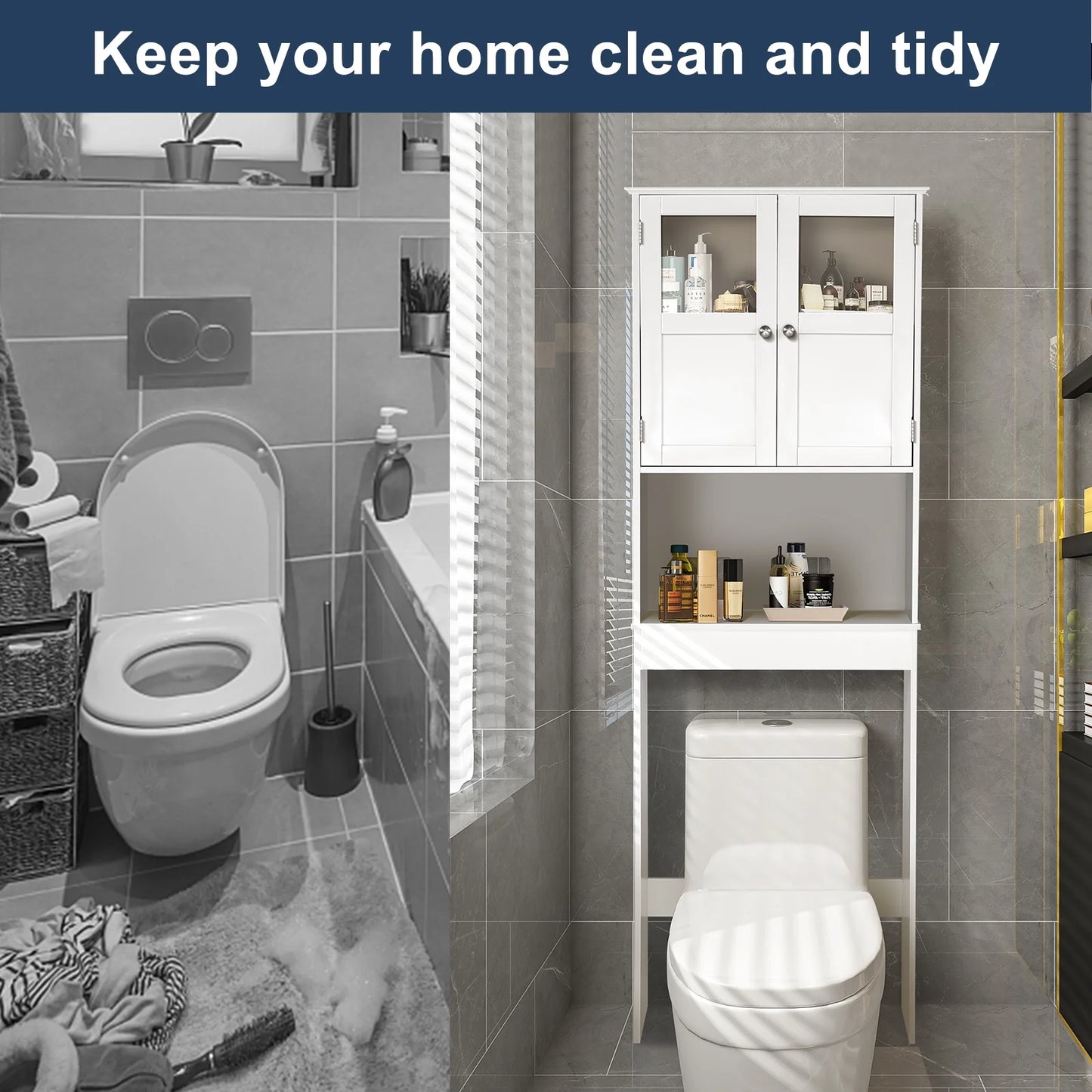 Ktaxon Over the Toilet Bathroom Storage Cabinet with 2 Doors & 3 Storage Shelves Space Saver, White