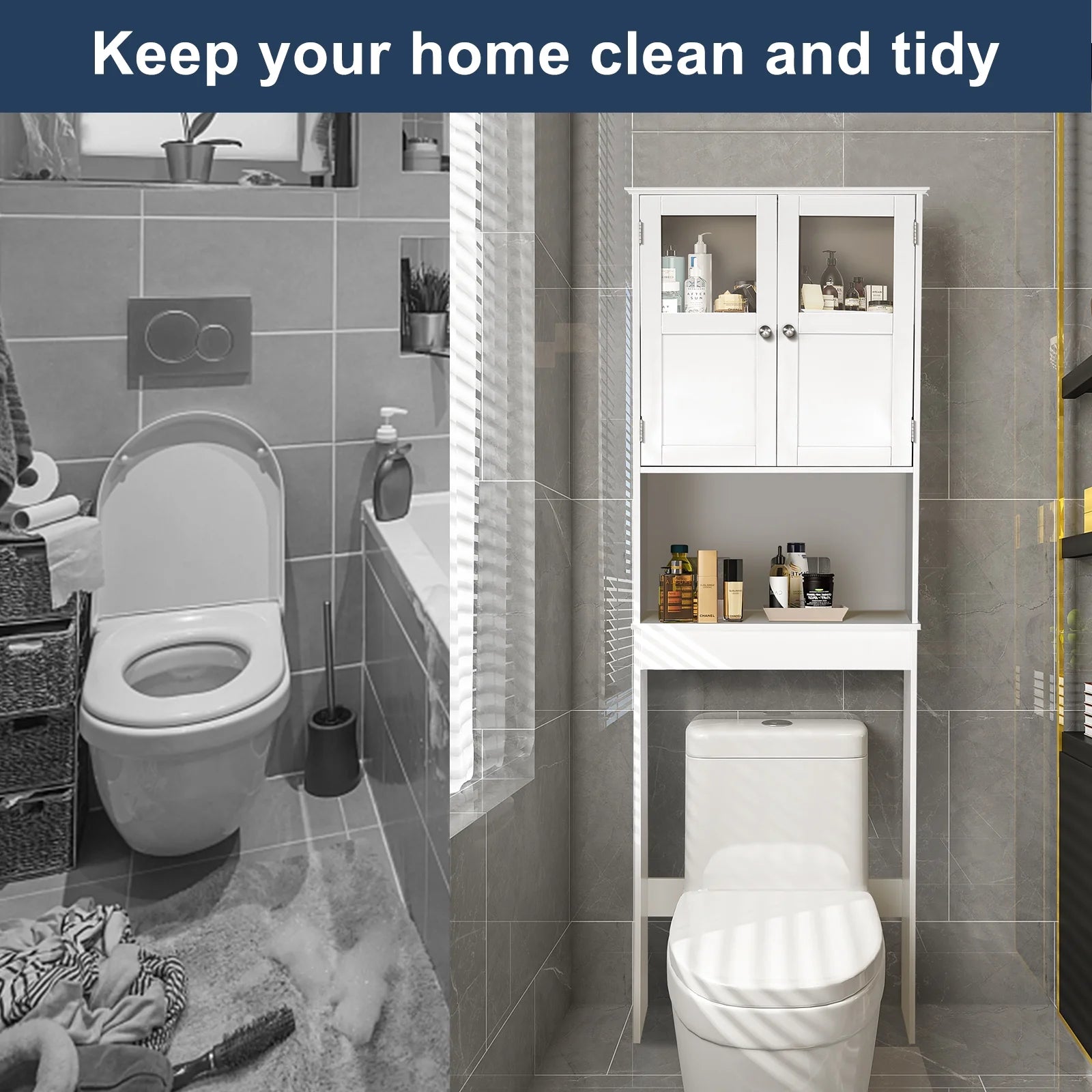 Ktaxon Over the Toilet Bathroom Storage Cabinet with 2 Doors & 3 Storage Shelves Space Saver, White