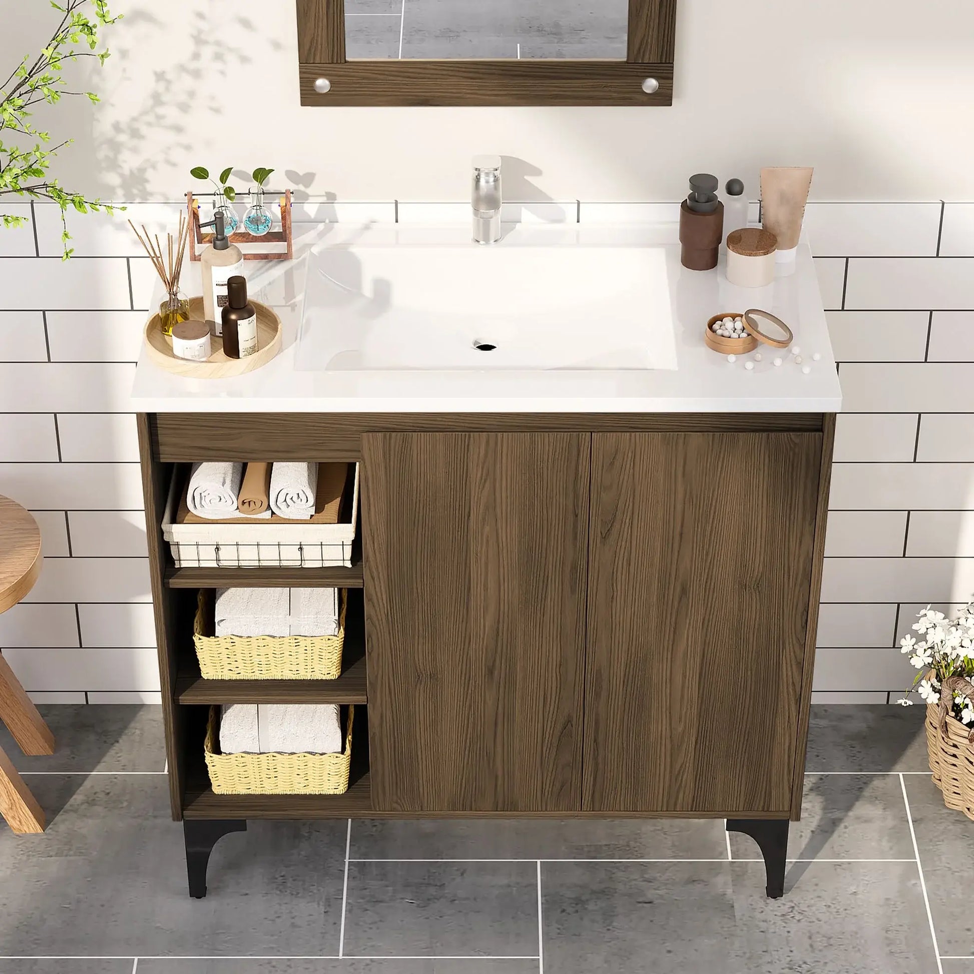 JUSTLET 36" Bathroom Vanity with Sink, Wood Bathroom Vanity Cabinet with Adjustable Shelf and Metal Legs, Bathroom Storage Cabinet with Resin Basin for Bathroom, Natural