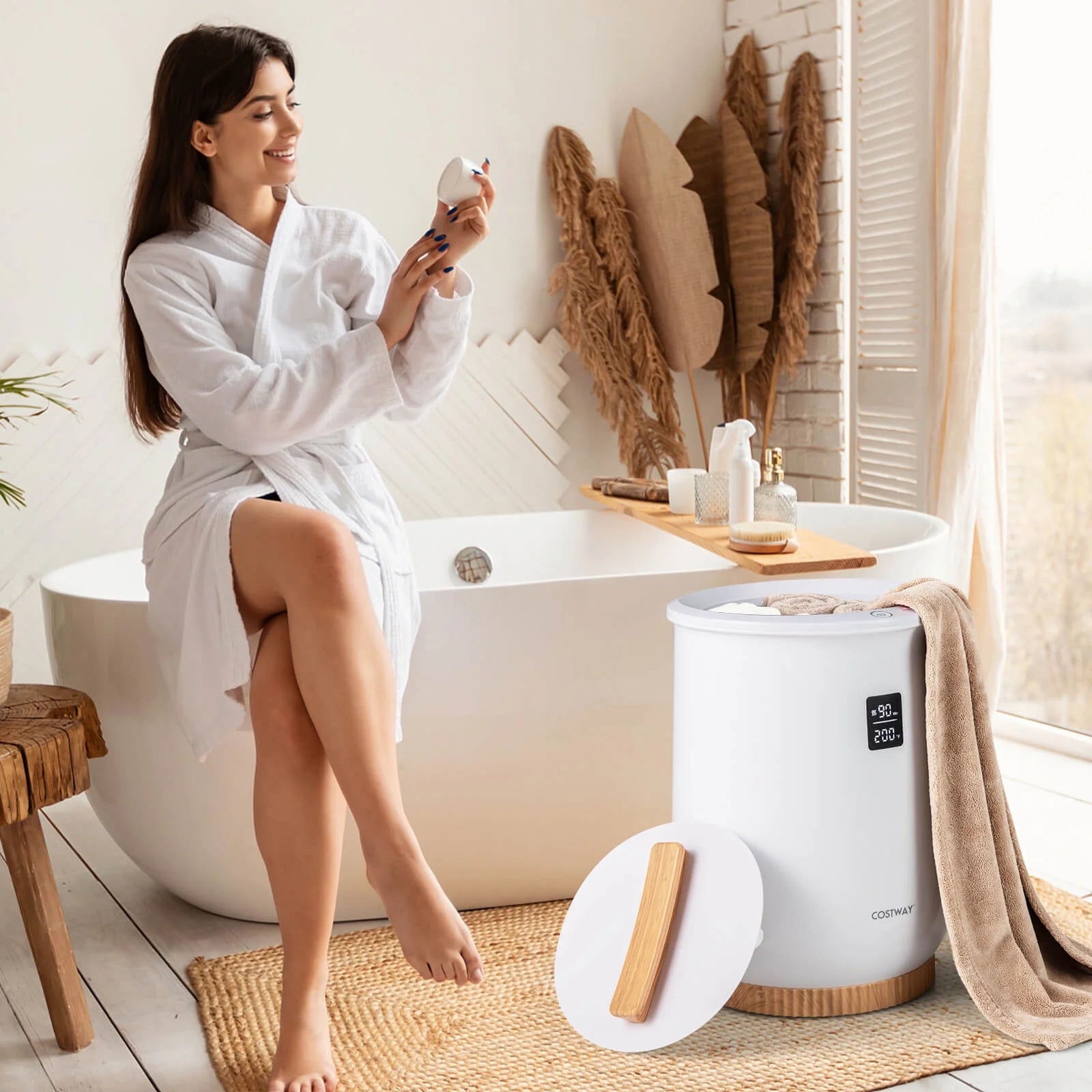 Costway 20L Bathroom Towel Warmer Bucket with Fragrance Holder & LED Display White