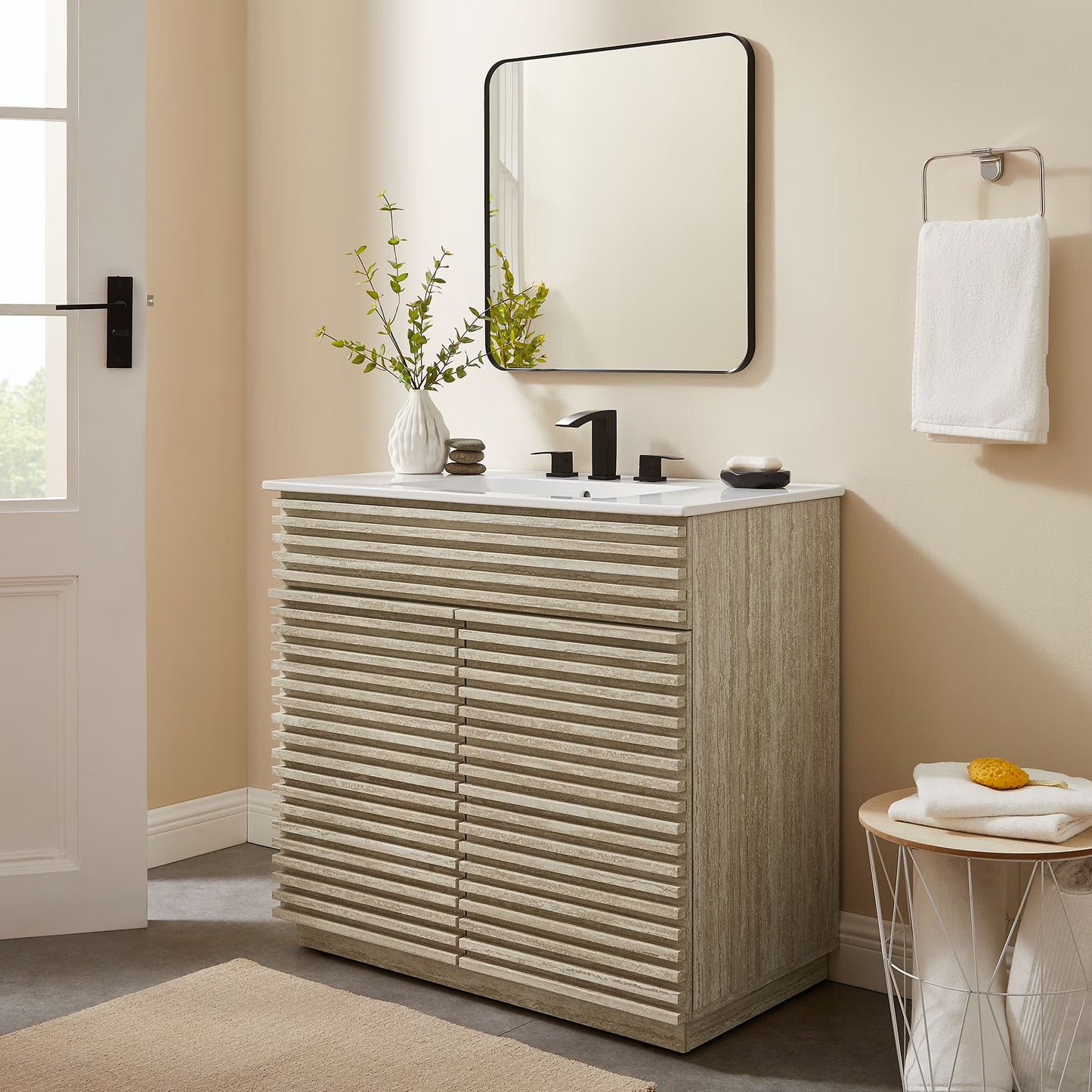 Modway Render 36" Faux Travertine Bathroom Vanity Cabinet (Sink Not Included) in Travertine