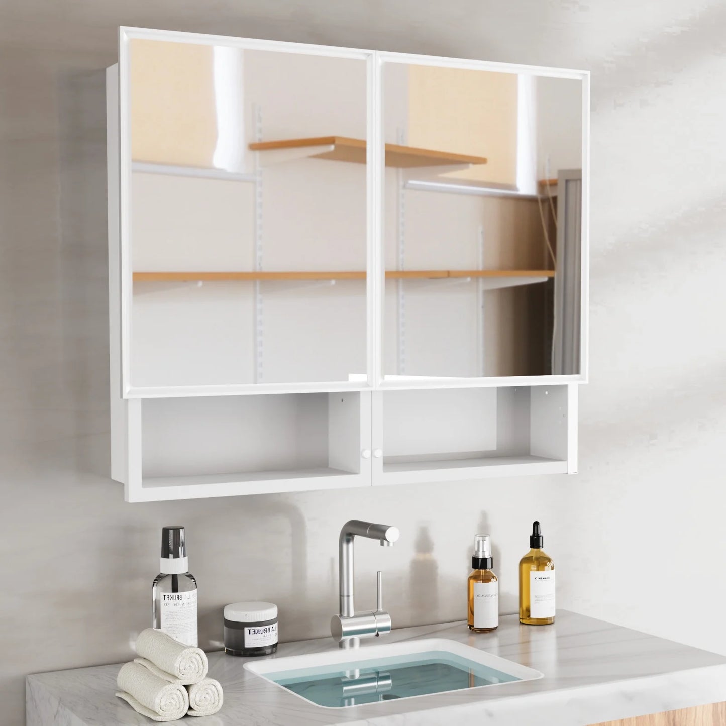 FUMANGO 32x26 Mirror Cabinet, Simple& Beautiful, Large Storage Space, Matte White for Bathroom Vanity