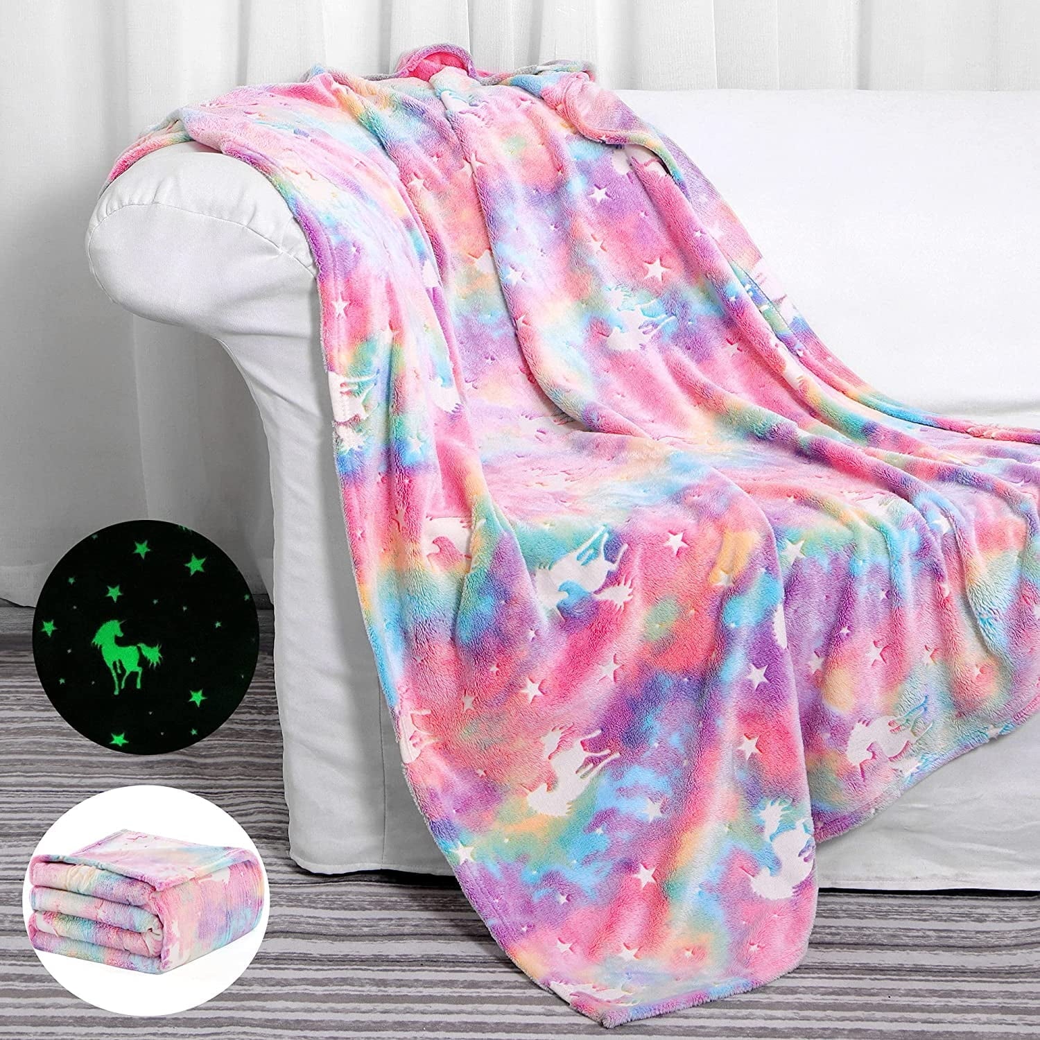 Unicorn Blanket for Girls, Glow in Dark Throw Blanket Lighted, Flannel Furry Fleece Blanket, Christmas Gifts for Kids Ages 3+ Years Old, 60in x 50in