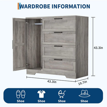 Ataucjin Wood Armoire Wardrobe Closet with 4 Drawers and Door, 43.3" H Bedroom Wardrobe Cabinet with Hanging Rod, Clothing Storage Cabinets, 4 Drawers Dresser with Storage Closet