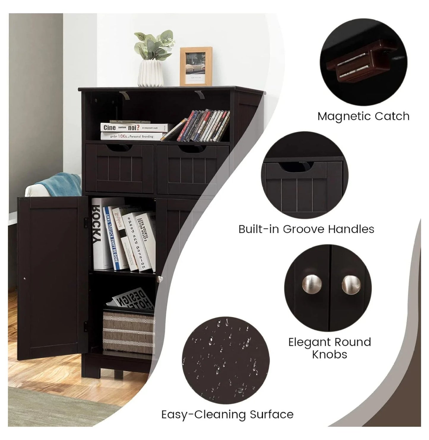 Freestanding Wooden Storage Cabinet with 2 Drawers & Adjustable Shelf for Bathroom, Living Room, Bedroom, Kitchen - Brown