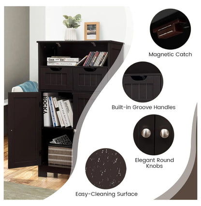Freestanding Wooden Storage Cabinet with 2 Drawers & Adjustable Shelf for Bathroom, Living Room, Bedroom, Kitchen - Brown