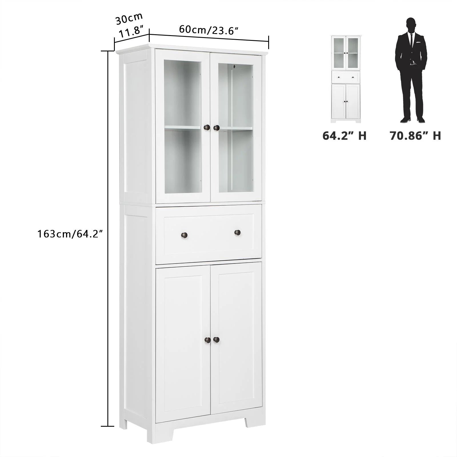 Ktaxon 64" Tall Bathroom Storage Cabinet, Kitchen Pantry, Sideboard Buffet Cabinet Cupboard Wooden with 2 Doors and Adjustable Shelves for Bathroom Kitchen, White