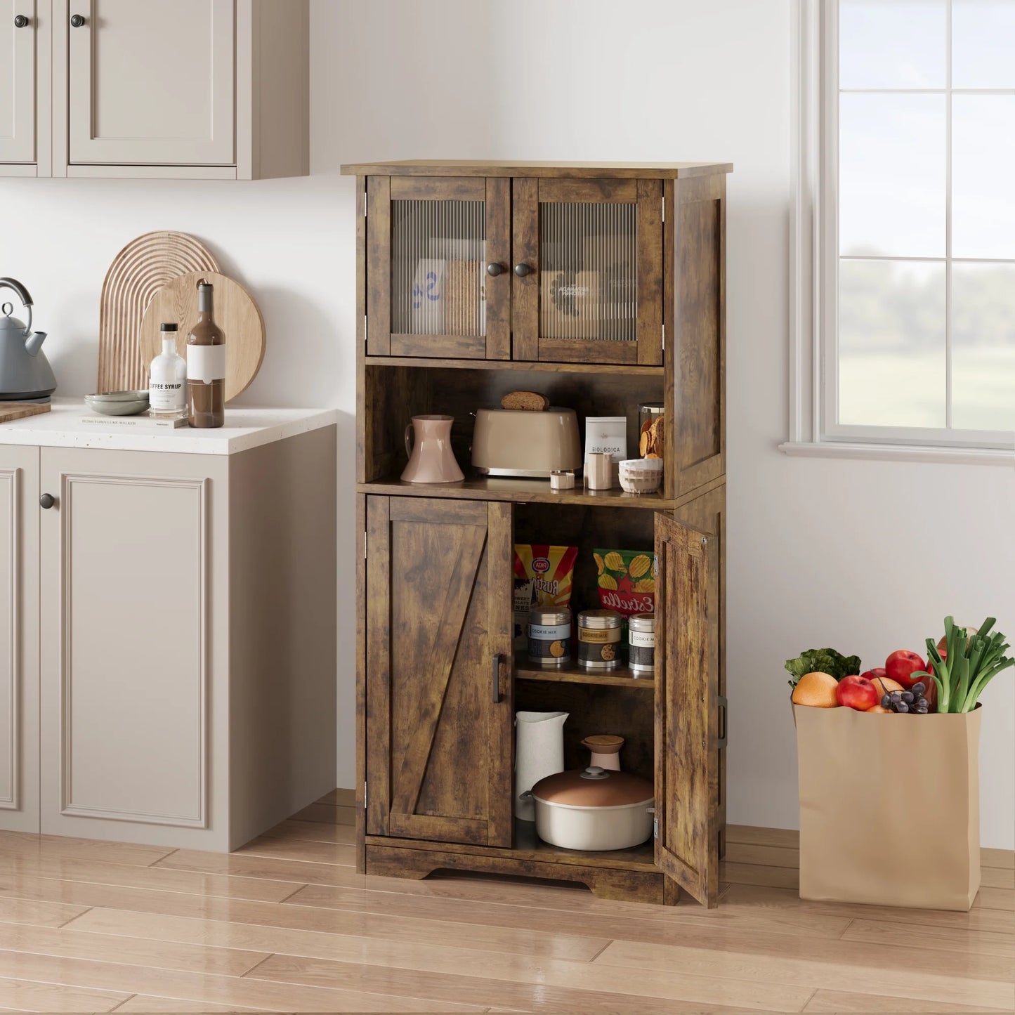 Kitchen Pantry Storage Cabinet with Doors and Shelves, 50.4" Freestanding Pantry Cabinets, Wooden Cupboard, Large Floor Cabinet for Bathroom, Kitchen, Dining Room, Living Room, Rustic Brown