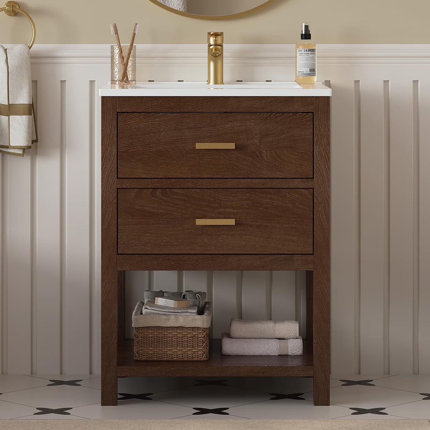 DELUXE LIVING 36 Inch Bathroom Vanity with Sink, Modern Black Bathroom Vanities with Adjustable Feets, 2 Soft-Closing Doors & 4 Drawers, Integral Sink