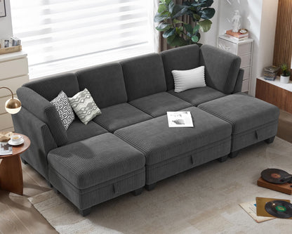 CHIC HOUSE 154.5" Sectional Sofa with Storage Ottoman Chaise, Corduroy U Shaped Sofa Convertible Sectional Couches for Living Room, 12 Seater Corner Modular Sofa with Deep Seat Throw Pillows, Green