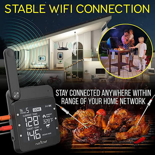 NutriChef Wi-Fi Grill Meat Thermometer Wireless Dual Smart Probes, Alarm Indoor from Outdoor, Black