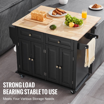 VEVOR Kitchen Island Cart, 43" Wood Top Mobile Carts with Storage Cabinet, Rolling Table with Drop Leaf, Spice Rack, Towel Bar, Adjustable Shelf, Drawer, and Hooks, Portable Islands on Wheels, Black