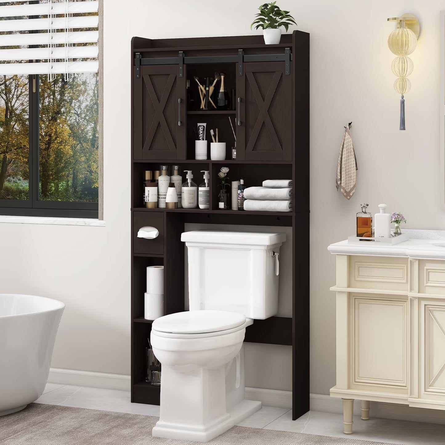 Over The Toilet Storage Cabinet, Farmhouse Storage Cabinet Over Toilet with Sliding DoorsHome Space-Saving Toilet Rack, for Bathroom, Restroom, Laundry