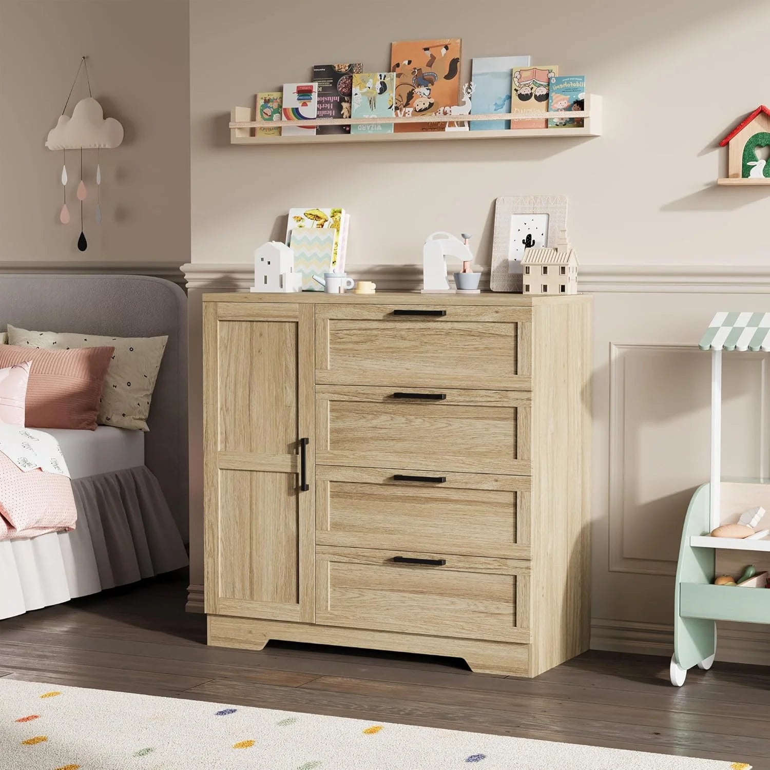 43.3'' Small Wardrobe Closet, Wardrobe Cabinet with Door, 4 Drawers and Handing Rod, Wooden Clothes Cabinet 4 Drawer Dresser for Bedroom, Laundry Room, Cloak Room, Natural Oak