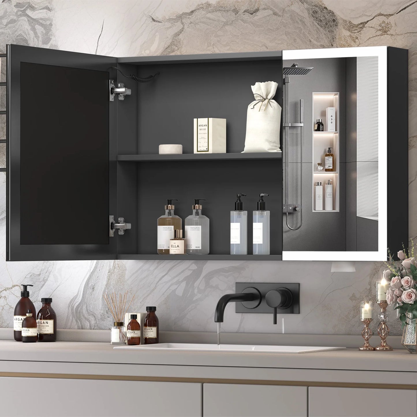 JBLCC LED Lighted Medicine Cabinet with Mirror, Wall Mounted Bathroom Cabinet with Touch Sensor, Anti-Fog, Black