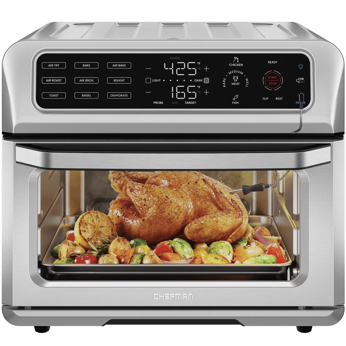 Chefman 12-in-1 Air Fryer Oven Combo w/Probe Thermometer, 20 Qt Capacity - Black Stainless Steel, New