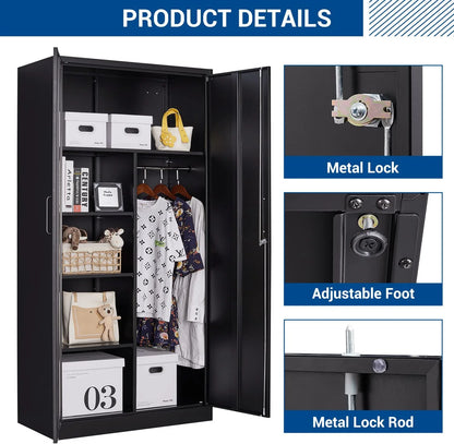 STANI Metal Locker Storage Cabinet, Employees Locker with Hanging Rod Bar, 71° F Black Tall Steel Wardrobe for Home, School, Office (Assembly Required)