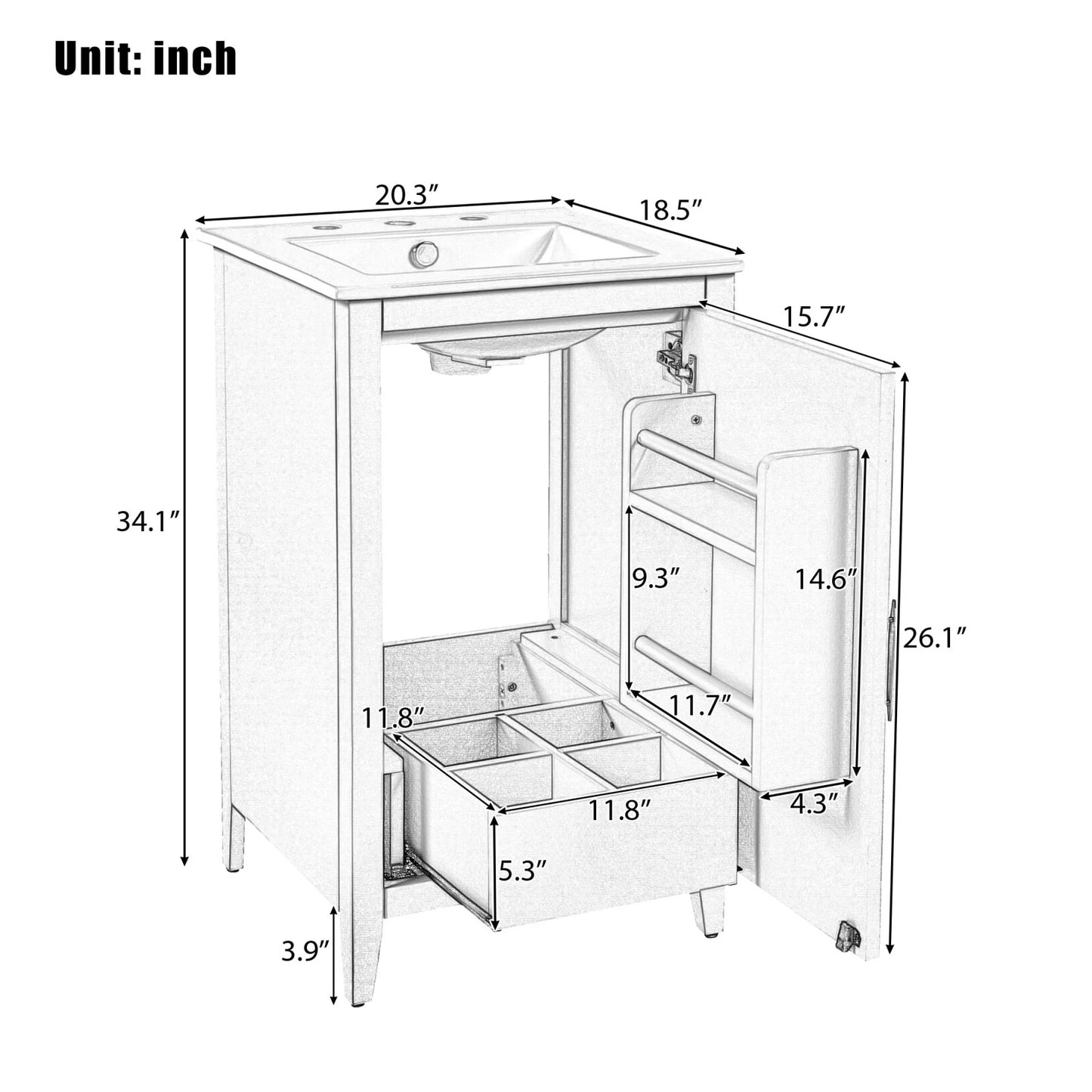 20.3 Inch Bathroom Vanity with Ceramic Sink, Solid Wood Small Single Vanity with Drawer and Soft Close Doors, White Modern Bathroom Cabinet with Storage