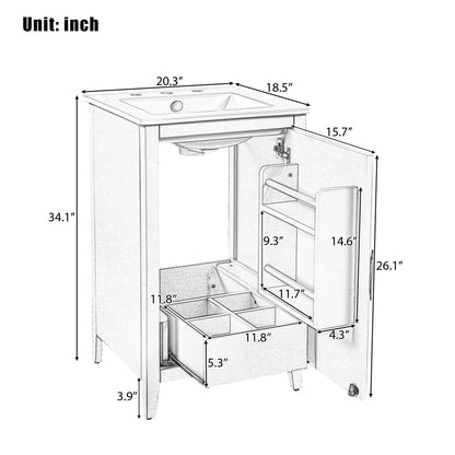 20.3 Inch Bathroom Vanity with Ceramic Sink, Solid Wood Small Single Vanity with Drawer and Soft Close Doors, White Modern Bathroom Cabinet with Storage