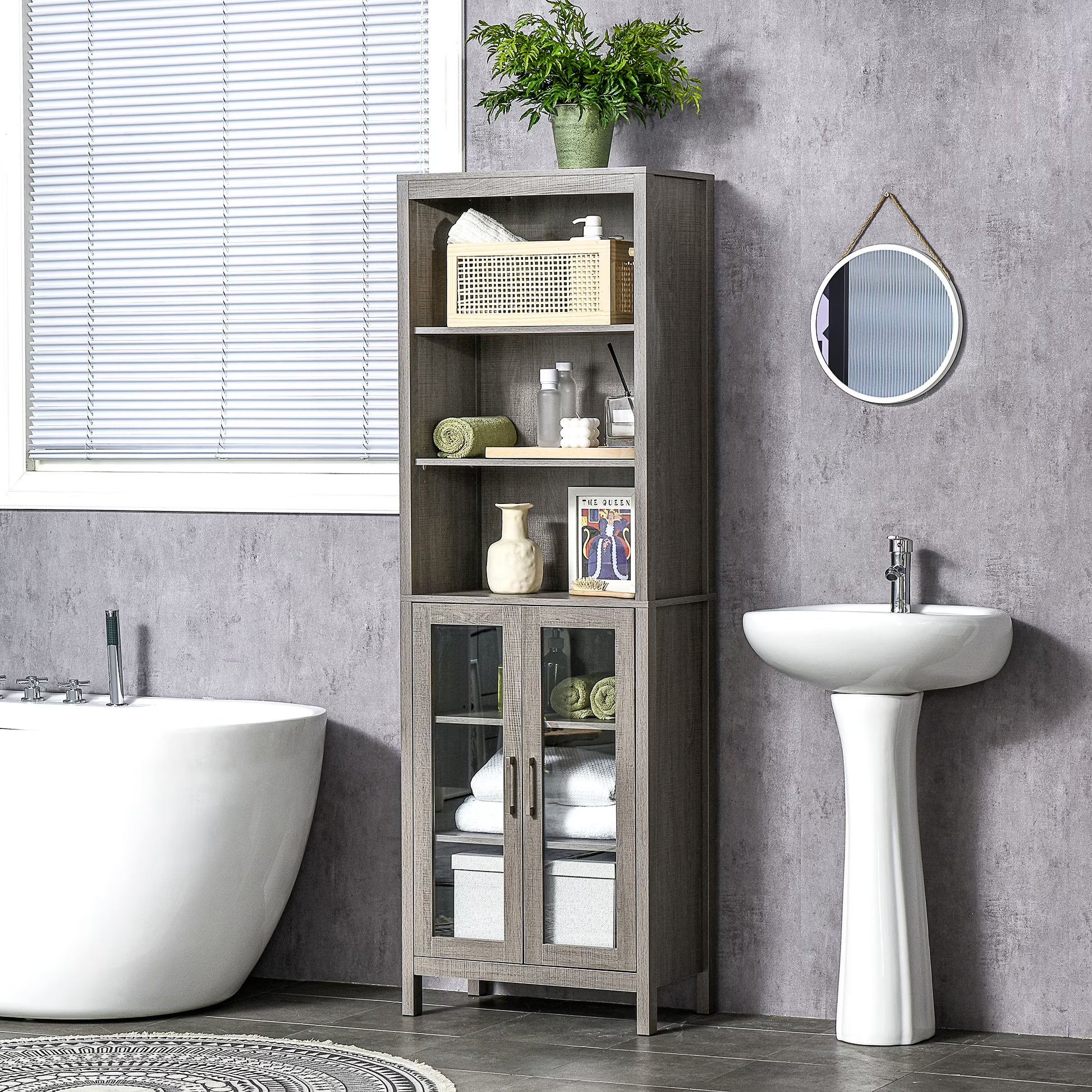 kleankin Tall Bathroom Storage Cabinet with 3 Tier Shelf, Glass Door Cabinet, Freestanding Linen Tower with Adjustable Shelves, Antique White