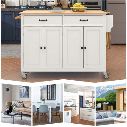 Aukfa Rolling Kitchen Island Cart with Storage Towel Racks & 4 Door Cabinet, White