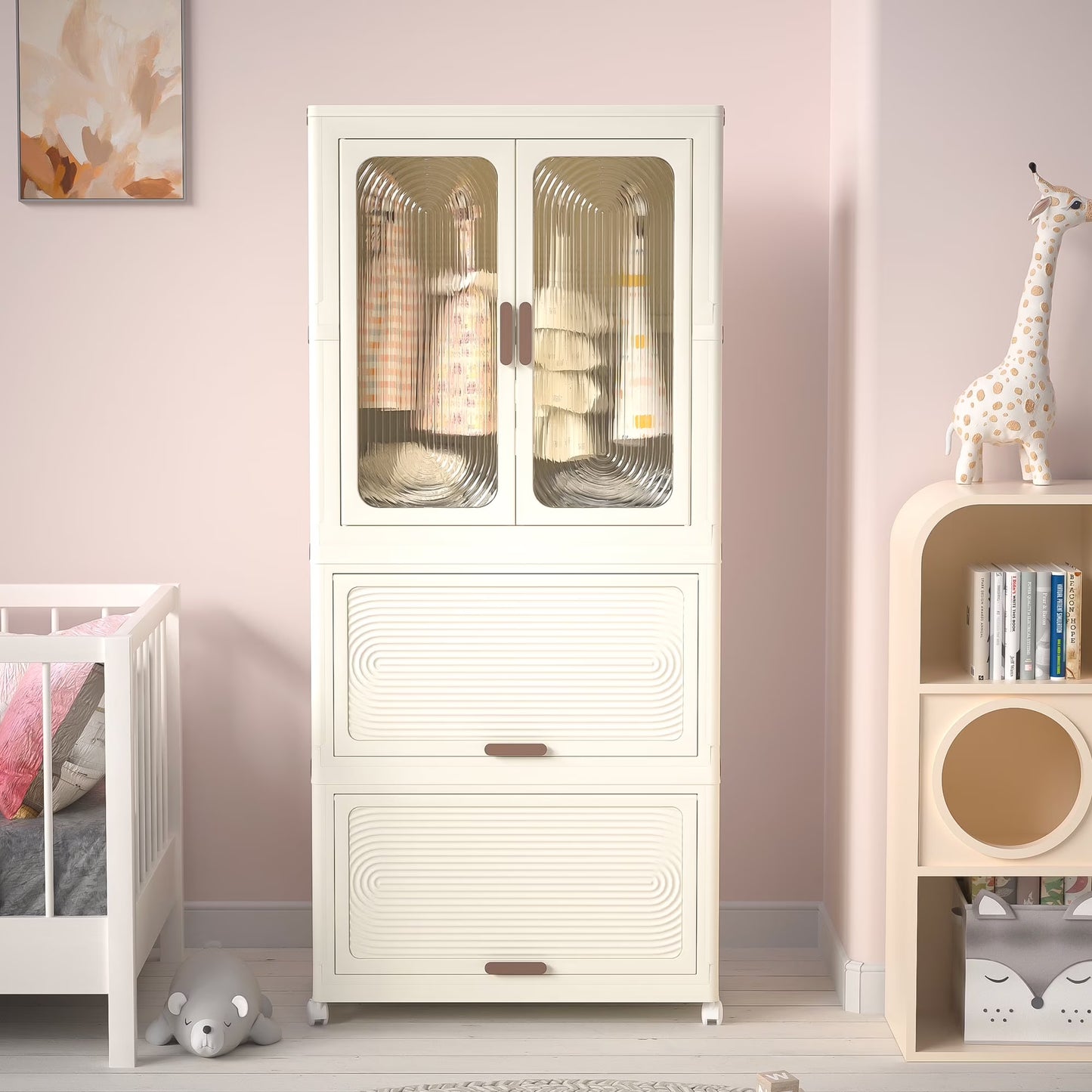 Montary Kids Portable Wardrobe w/Magnetic Doors & Hanging Rod - 4-Cube Plastic Storage Cabinet,Nursery/Bedroom