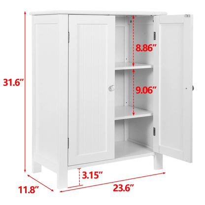 HomGarden 2-Door Bathroom Floor Storage Cabinet Side Cupboard W/Adjustable Shelves, 11.8'' W, White