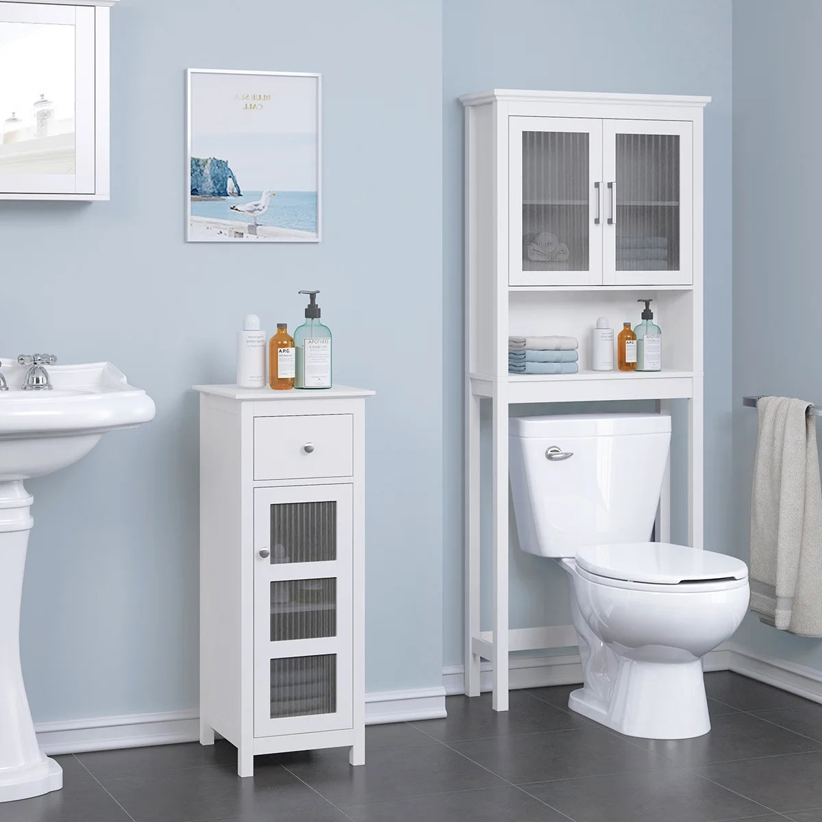 Spirich Bathroom Cabinets over the Toilet Shelf, Freestanding Space Saver Organizer with Tempered Glass for Bathroom White