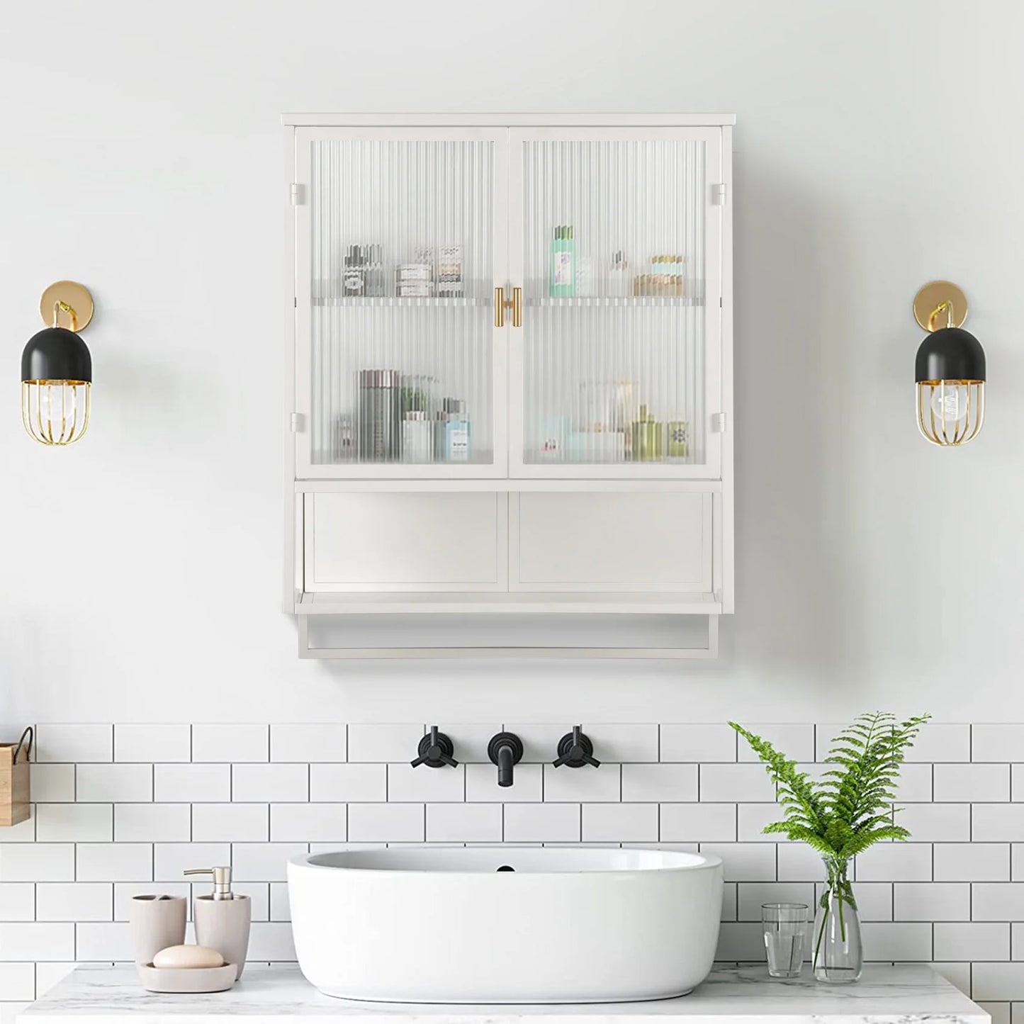 Two-door Wall Cabinet, Modern Kitchen Wall Mounted Cabinet with 2 Glass Doors, Two-tier Enclosed Storage, an Open Shelf, Towel Rack, Metal Wall Cabinet for Entryway, Living Room, Bathroom, White