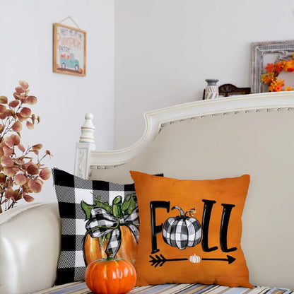 LONGRV Fall Decorative Throw Pillow Covers 18 x 18 Inch Set of 4, Pumpkins Thankful Blessed Buffalo Plaid Fall Decor Outdoor Farmhouse Pillow Cases for Home Couch (Orange Color)