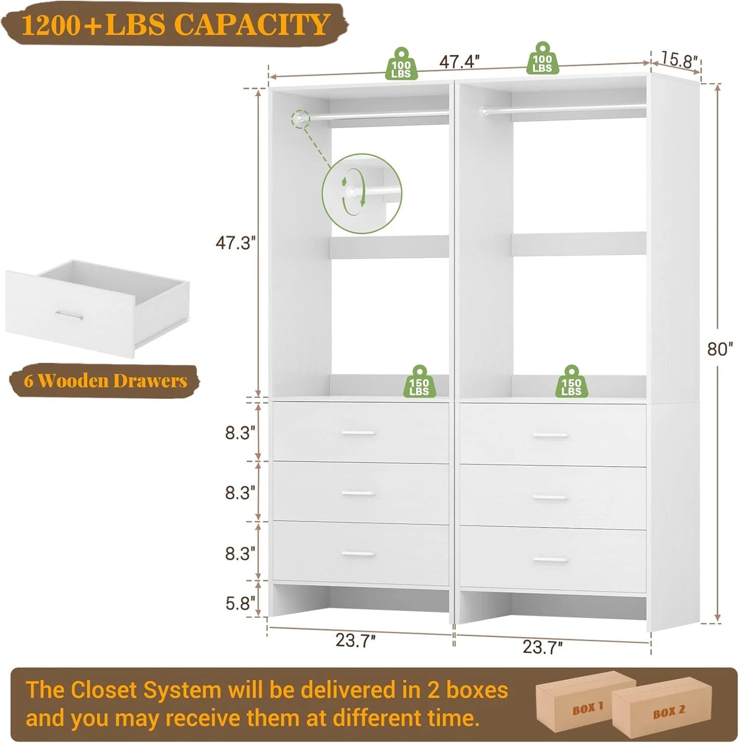 Homieasy Closet System Closet Organizer, Wood Closet Organizer System, Walk-in Closet or Small Closets Wardrobe, Clothes Rack with Hanging Rods, 4FT Closets, Set of 2, White Oak