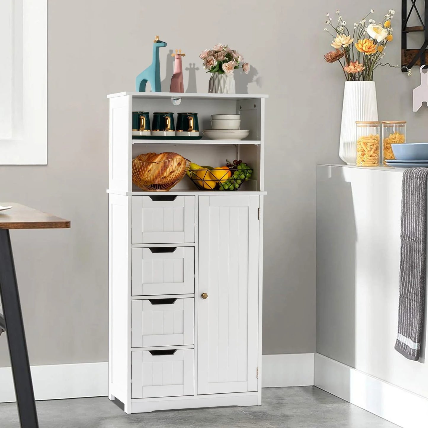 Ktaxon Freestanding Bathroom Floor Cabinet, Multipurpose Storage Cabinet with 4 Drawers, 1 Cupboard & Adjustable Shelves for Kitchen Living Room Bedroom, White