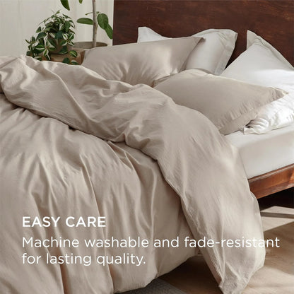 100% Washed Cotton Duvet Cover Queen Size - Warm Sand Minimalist Duvet Cover Linen Like for All Seasons - GentleSoft Plain Simple Bedding