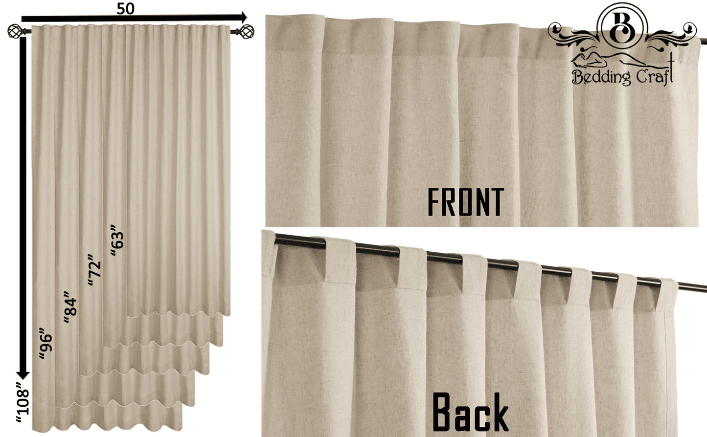 Bedding Craft Linen Cotton Tab Top Farmhouse, Livingroom, Window Curtains Set of 2 (50x108 inches)