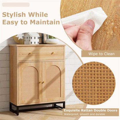 Finihen Accent Floor Storage Cabinet with Rattan Doors, Bathroom Cabinet with Large Drawer, Freestanding Storage Cabinet Organizer, Beige